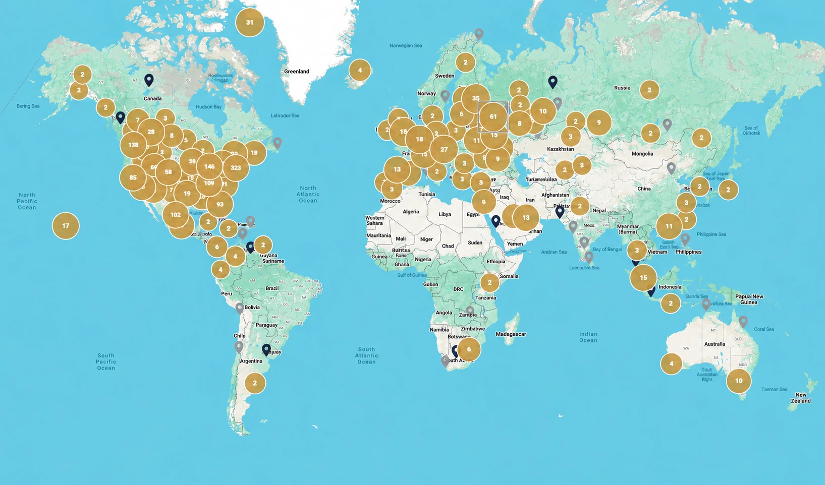 Illustrated world map based on IBBFA directory screenshots, with numbered gold clusters across the Americas, Europe, Africa, Asia and Oceania.